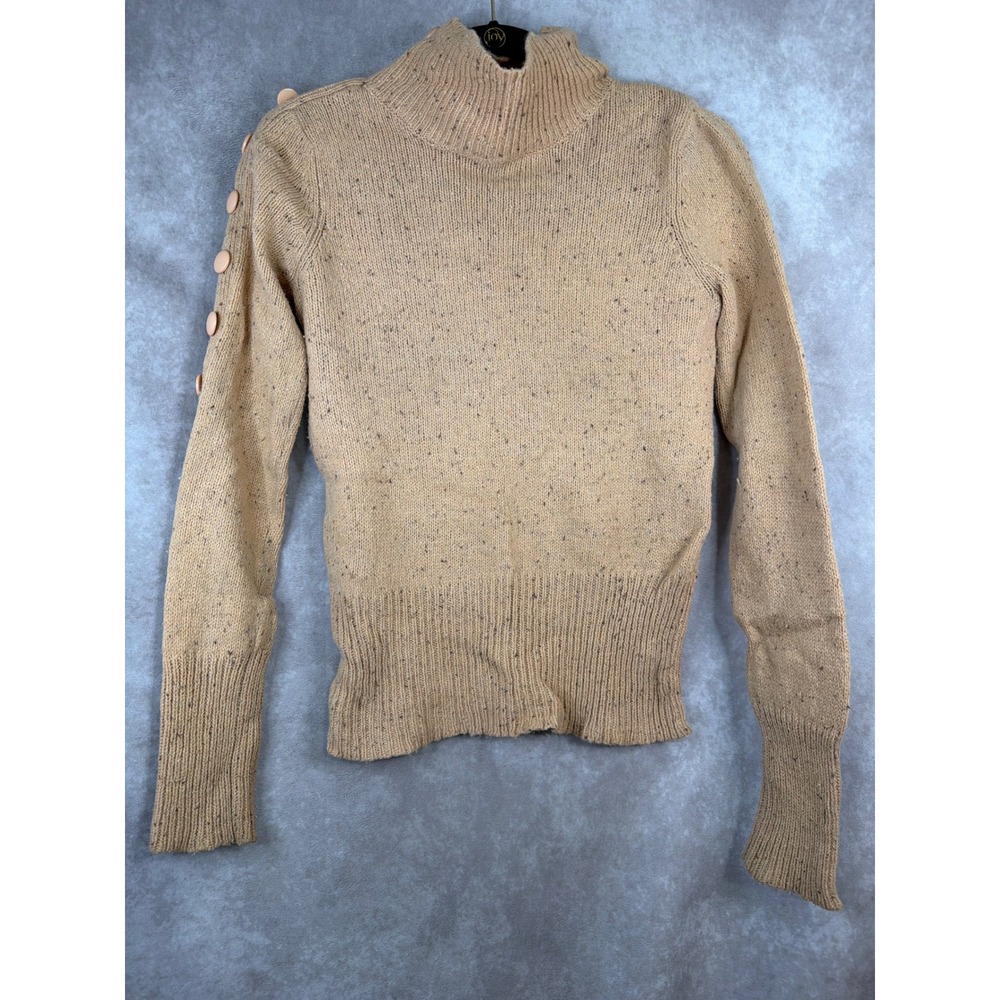 Moth Anthropologie Sweater Womens Small Tan Flecked Lambswool Mock Neck Button